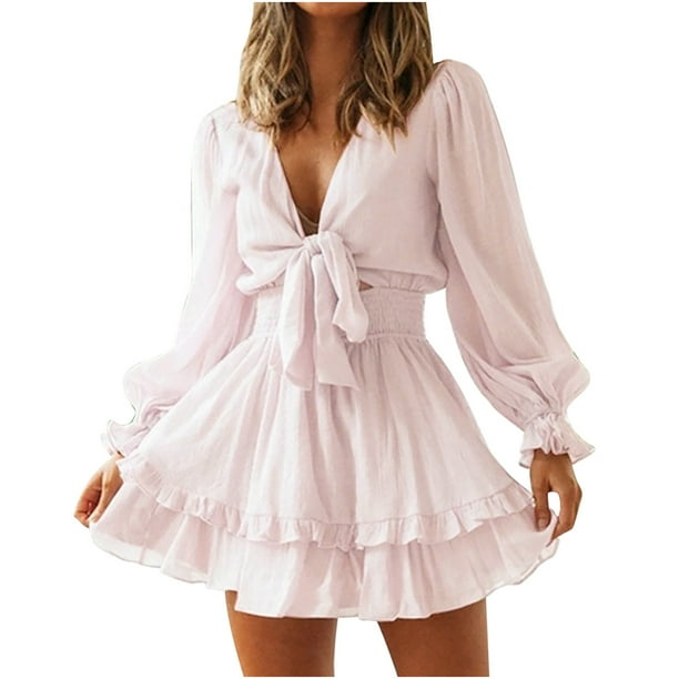 Vestidos sólidos de encaje con volantes de manga larga con cuello en V sexy de otoño e invierno para mujer Fridja yut5450