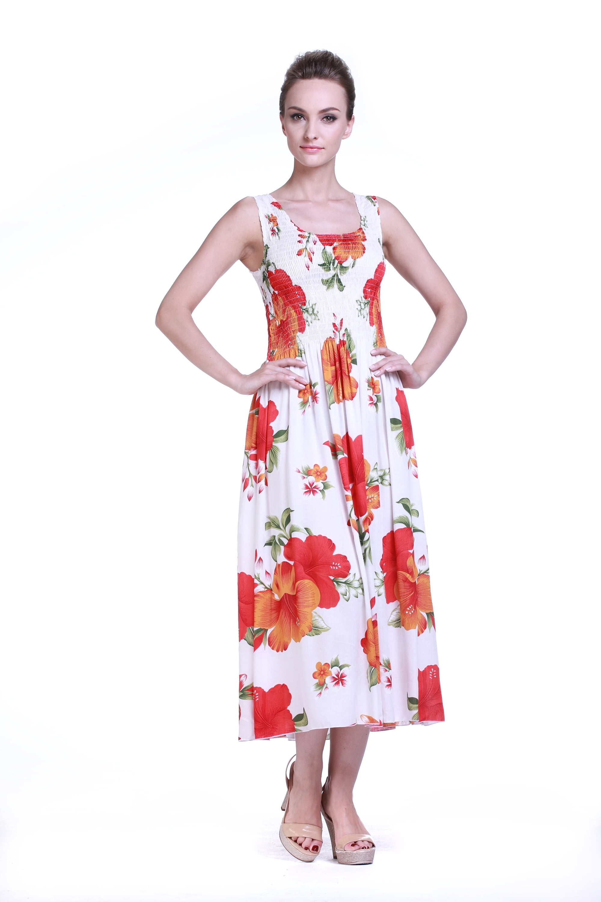 Hawaiian Dress Luau Dress Maxi Long Tank Elastic Dress in White with