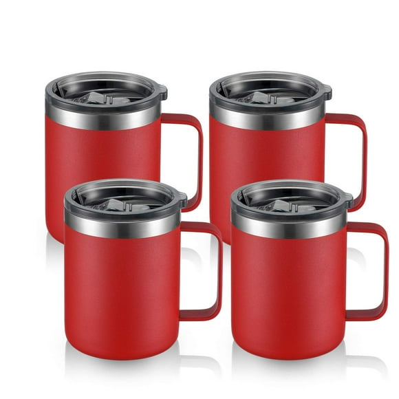 ALOUFEA 12oz Stainless Steel Insulated Coffee Mug with Handle, Double Wall Vacuum Tumbler Cup with Sliding Lid, Red, 4 Pack