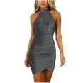 thumbnail image 2 of ZQUUVOU Women's Glitter Halter Gown Off Shoulder Sleeveless Bodycon Stretchy Formal Dress for Wedding Party Night Out Gray, 2 of 9