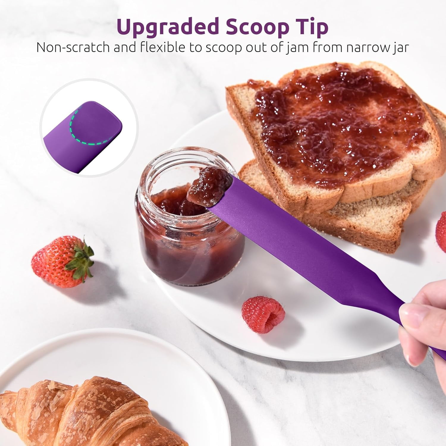 2 Piece Skinny Silicone Jar Spatula Kitchen Tweezer Set 600F Heat Resistant 10 Inch Round Tip Purple
