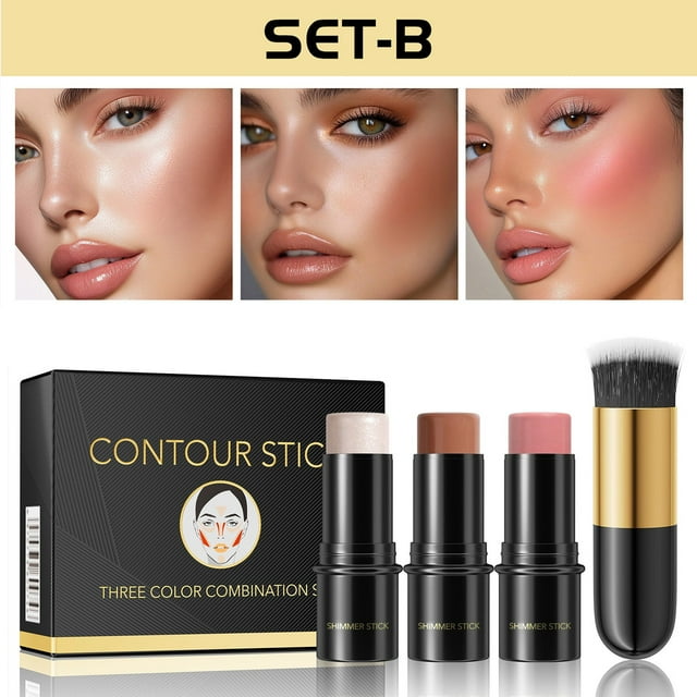 Set de maquillaje en barra 3 en 1 | Lápiz colorete Highlight Shadow | Textura Crema Multifunción | Mezcla fácil de larga duración | Paquete de 3 | Alto pigmento para un brillo de contorno | Todo