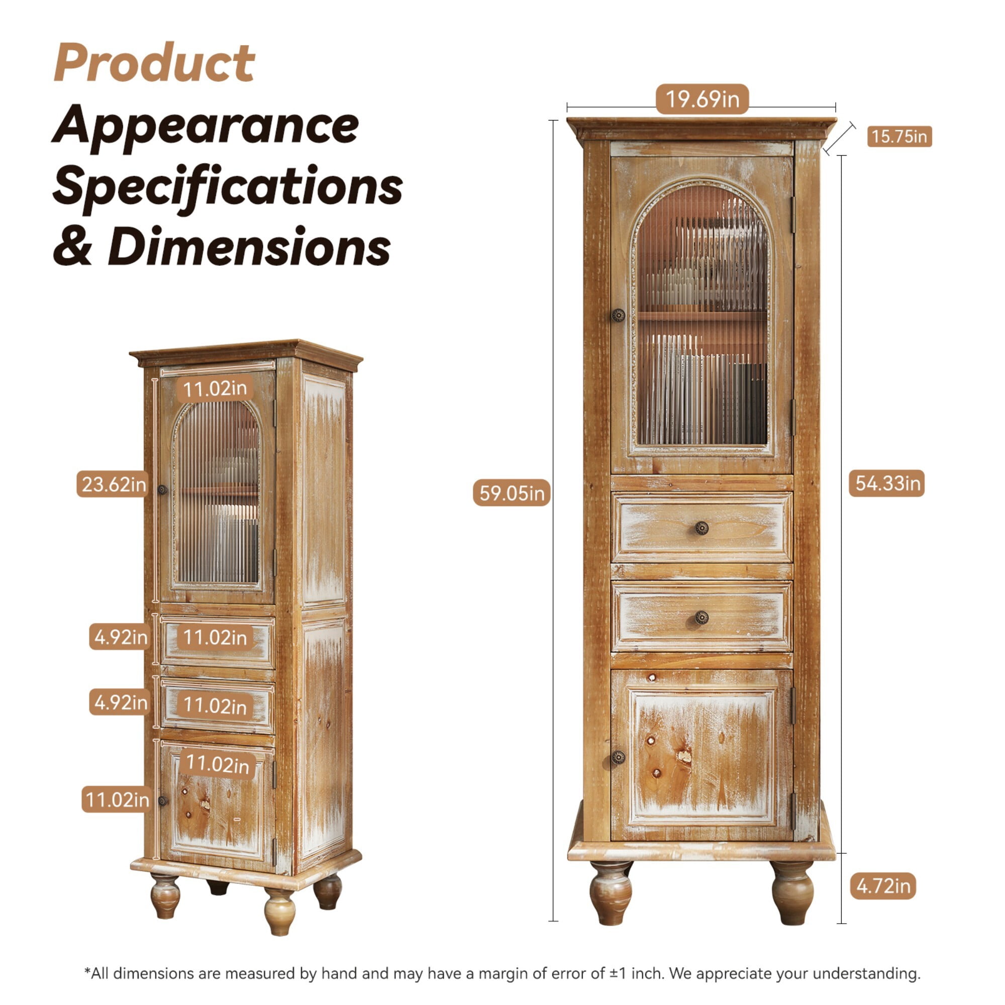 AENKYO 59" Tall Farmhouse Storage Cabinet, Rustic Wood Accent Chest w/ Reeded Glass Door & 2 Drawers, Antique Gray
