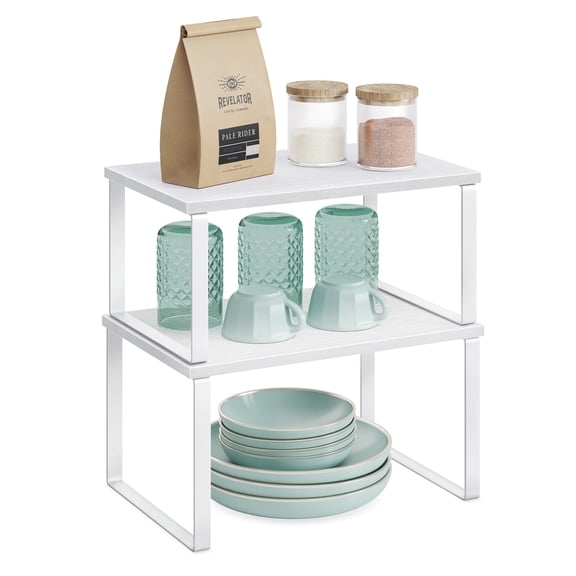 Cabinet Organizer Shelf, Set of 2 Kitchen Counter Shelves, Kitchen Storage, Spice Rack, Cloud White and Snow White