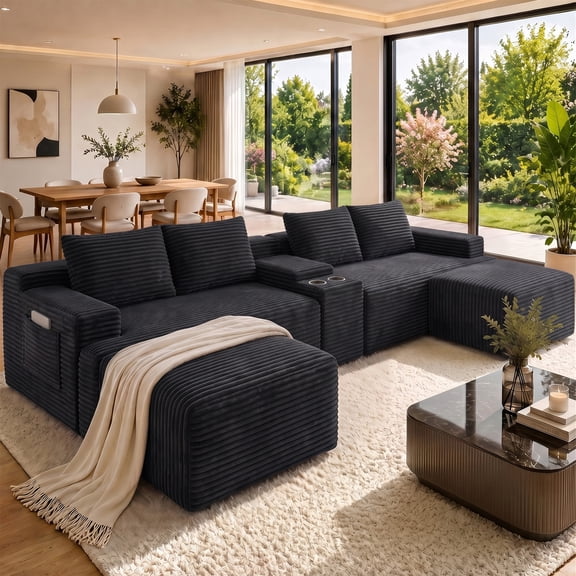 Aukfa 140" U-Shaped Cloud Sectional Sofa Oversized Boneless Couch with Cup Holder Storage Console Modular Couch for Living Room, Corduroy, Dark Gray