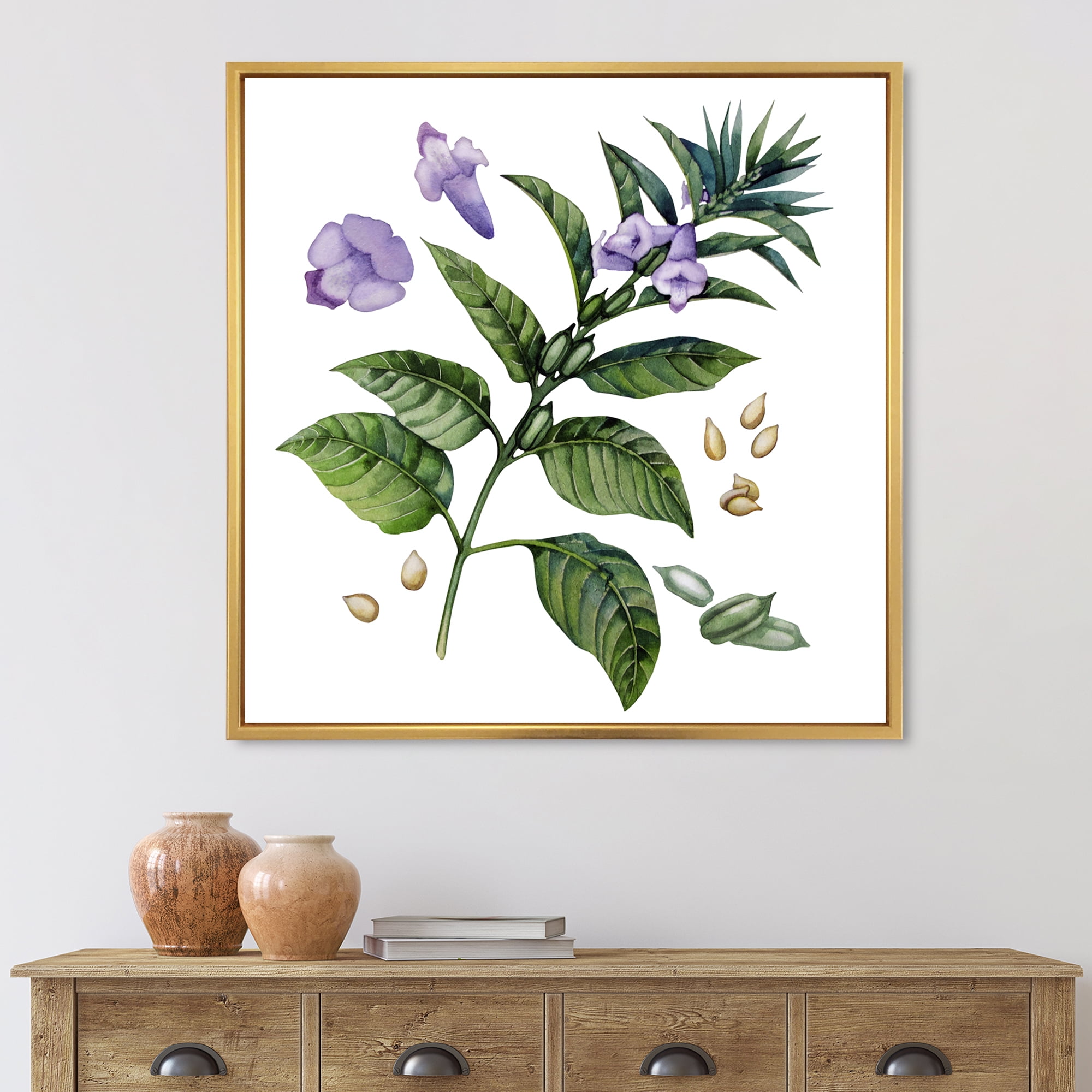 Designart 'Purple Sesame Flowers WIth Green Leaves On White' Traditional Framed Canvas Wall Art Print