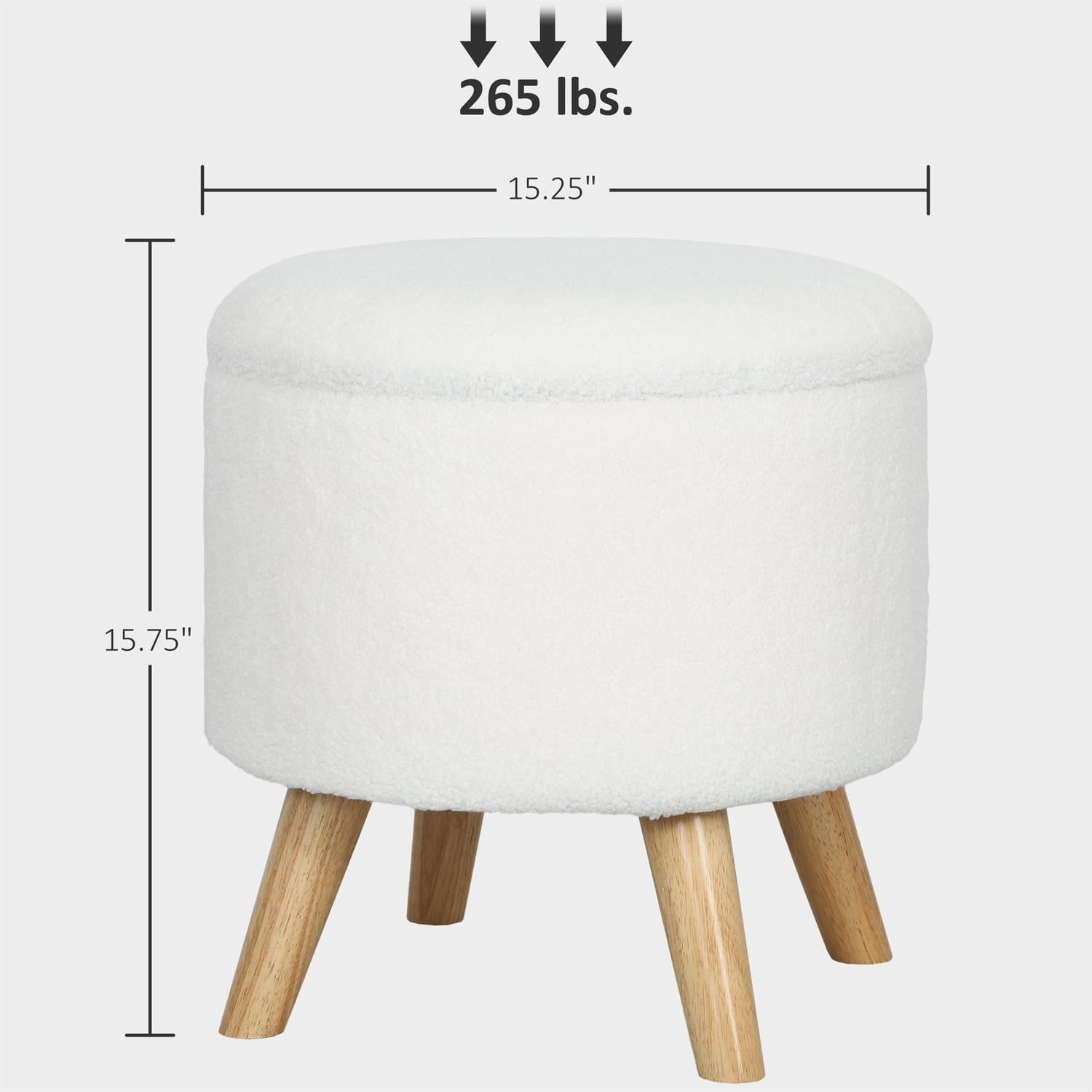Demi Bonn 15" Ottoman Stool with Storage and Padded Seat, Round Footstool with Hidden Space and Wood Legs for Living Room, White