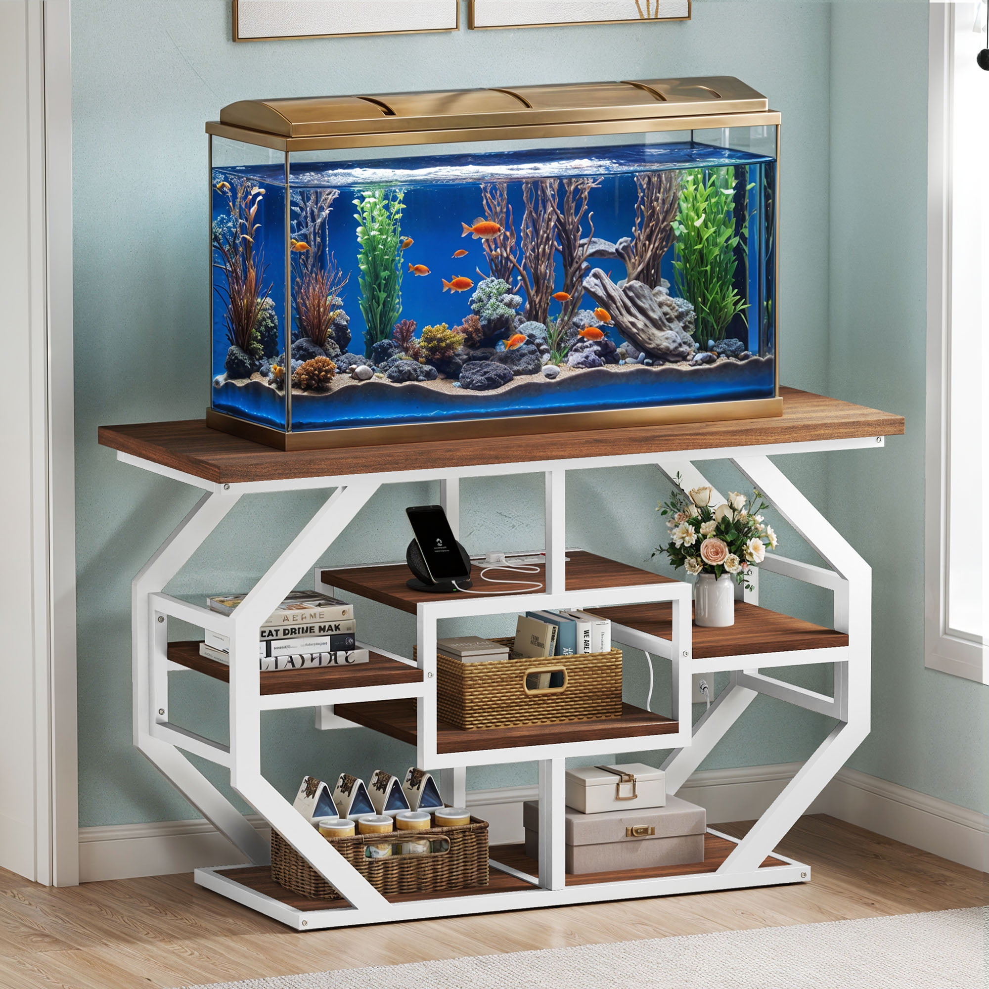 Uforic 55-75 Gal Aquarium Stand with Power Outlet – Faux Marble Fish Tank Stand for Turtle Tank, Reptile Terrarium, 860 lbs Capacity - White & Gold