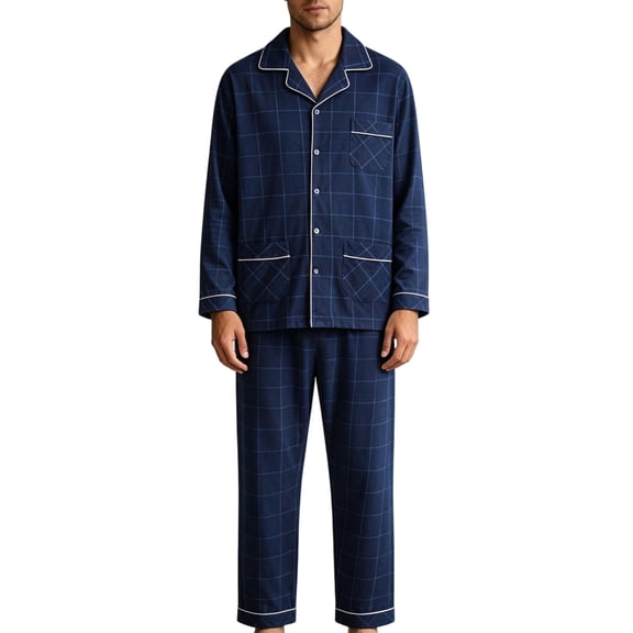 Iyufng Mens Grid Plaid Sleepwear 2 Piece Sets Collared Button Long Sleeve Shirts and Loose Lounge Pants Soft Home Night Sleepwear for Fall and Winter