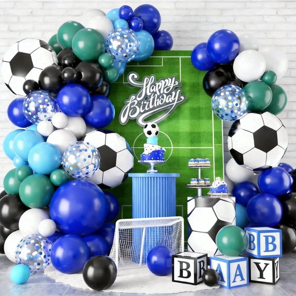 Soccer Balloon Arch Garland Kit 119 PCS Football Theme Party Decorations with Foil Balloons Latex Royal Blue White and Teal Blue