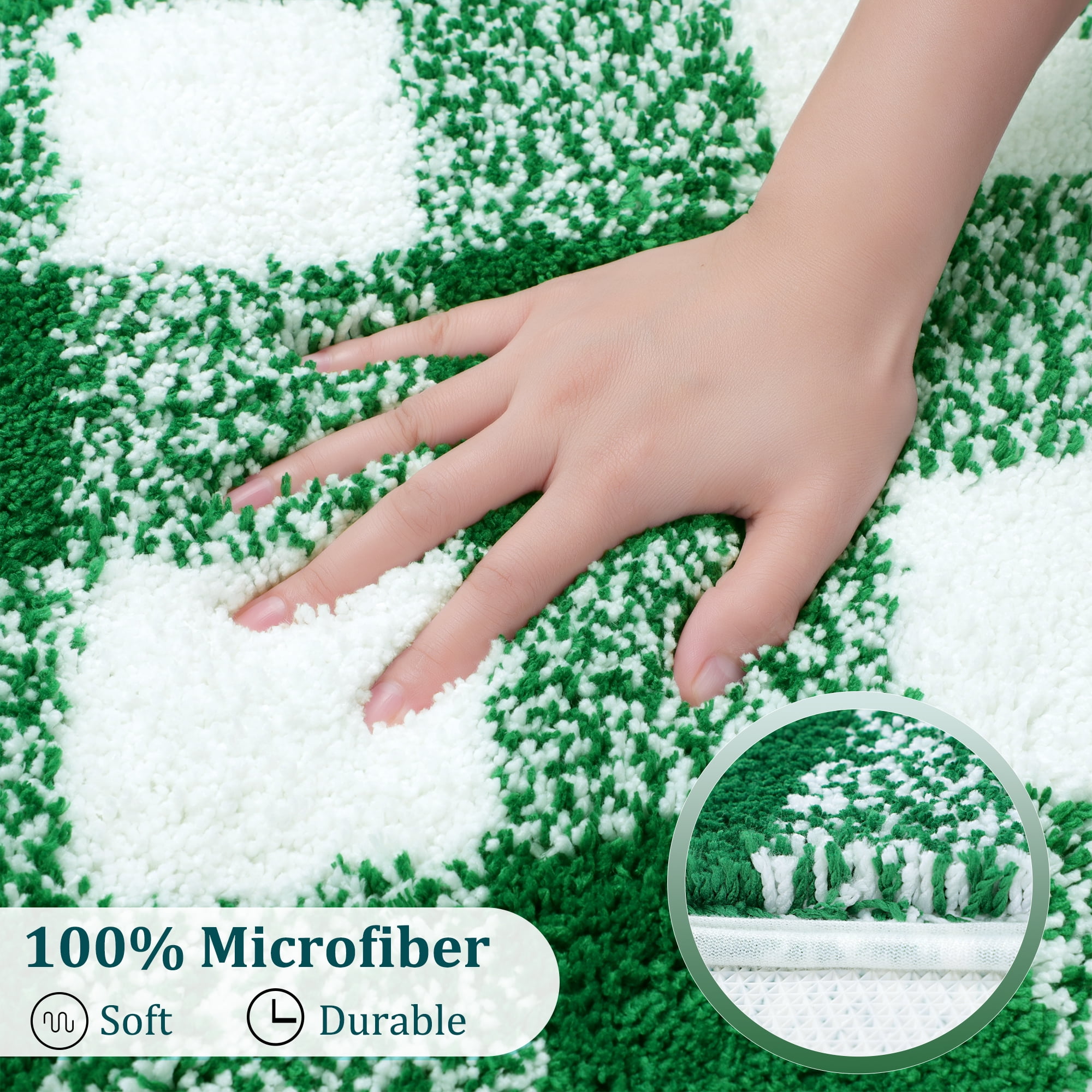 REGALWOVEN Microfiber Plaid Bathroom Rugs, Extra Soft Fluffy Absorbent Bath Rug Green & White 17"x47"