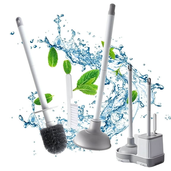 3 in 1 Toilet Brush and Plunger Set with Crevice Cleaning Brush, Toilet Bowl Brush and Holder with Extended Handle, Wall-mounted and Standing 2 Display Mode Bathroom Cleaning Tool Set(White-Gray)