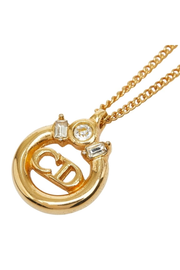 Pre-Owned Christian Dior Dior CD Logo Pendant Necklace, Gold Plated, Rhinestones, Women's.