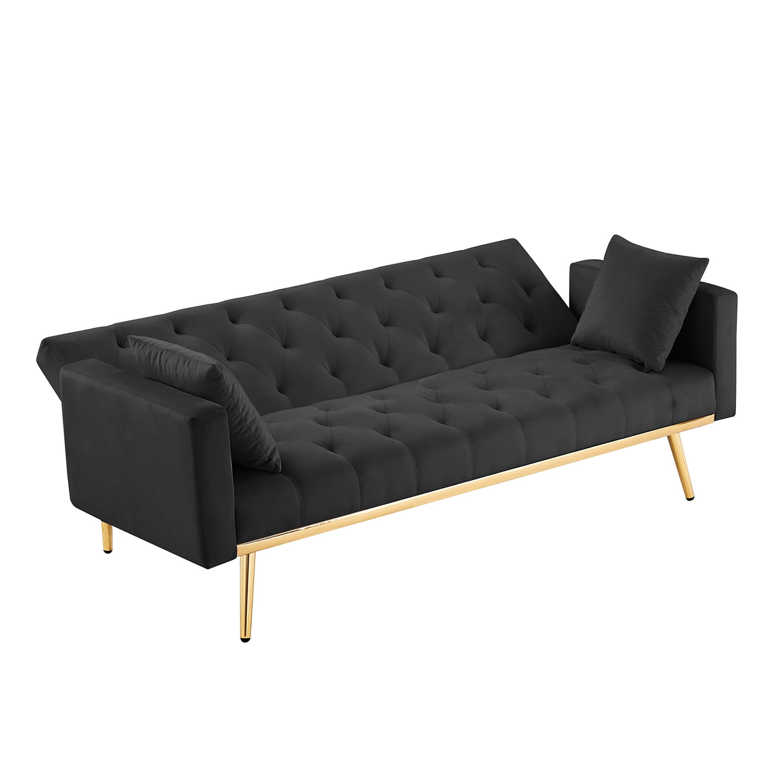 Kadyn Upholstered Convertible Futon Couch, Folding Sofa Bed with Armrests, Modern Velvet Futon Sofa Bed for Living Room, Compact Living Space, Black