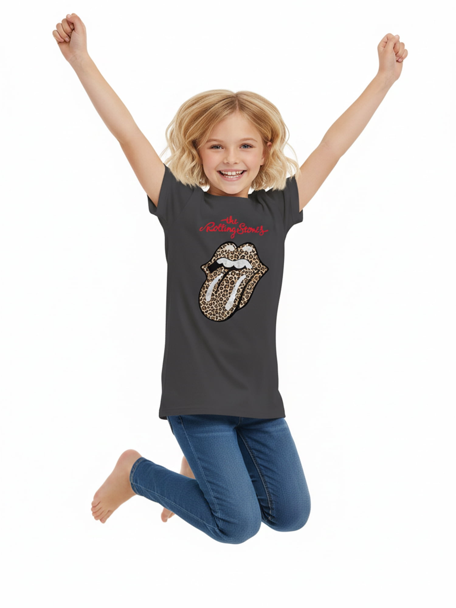 Wonder Nation Girls Rolling Stones Animal Print Graphic Tee with Short Sleeves, Sizes 4-18