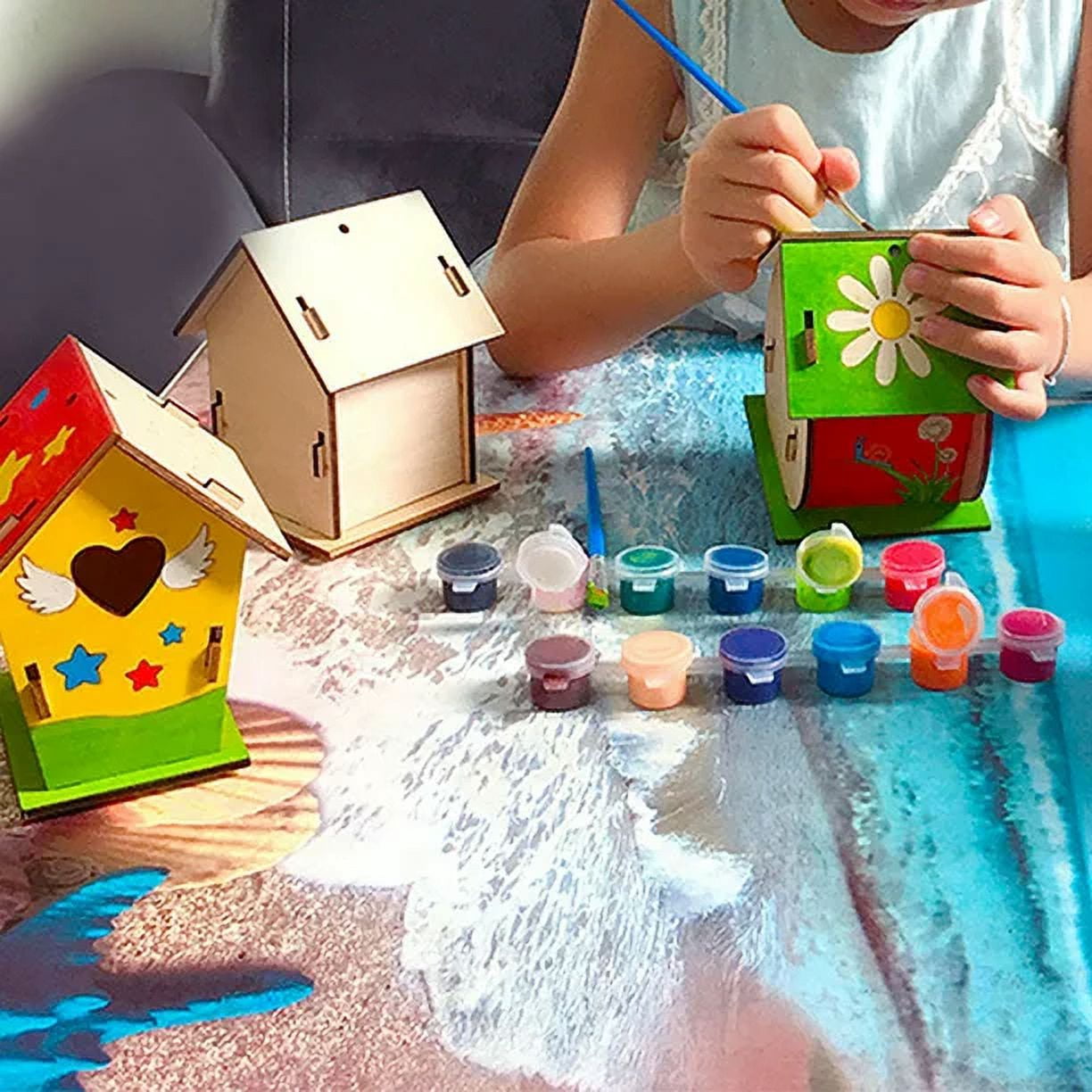 4 Pack Bird House Crafts for Kids Ages 5-8 8-12, Art Craft Wood Toys for Kids, Arts and Craft Projects with Paint & Brushes, DIY Bird House Kit Painting for Children's Day Gift Boy Girl