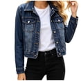 thumbnail image 4 of Sahpxhe Jean Jacket Women Lapel Collar Button Down Long Sleeve Denim Cropped Fitted Jacket Casual Trendy Outerwear Streetwear Navy M, 4 of 9