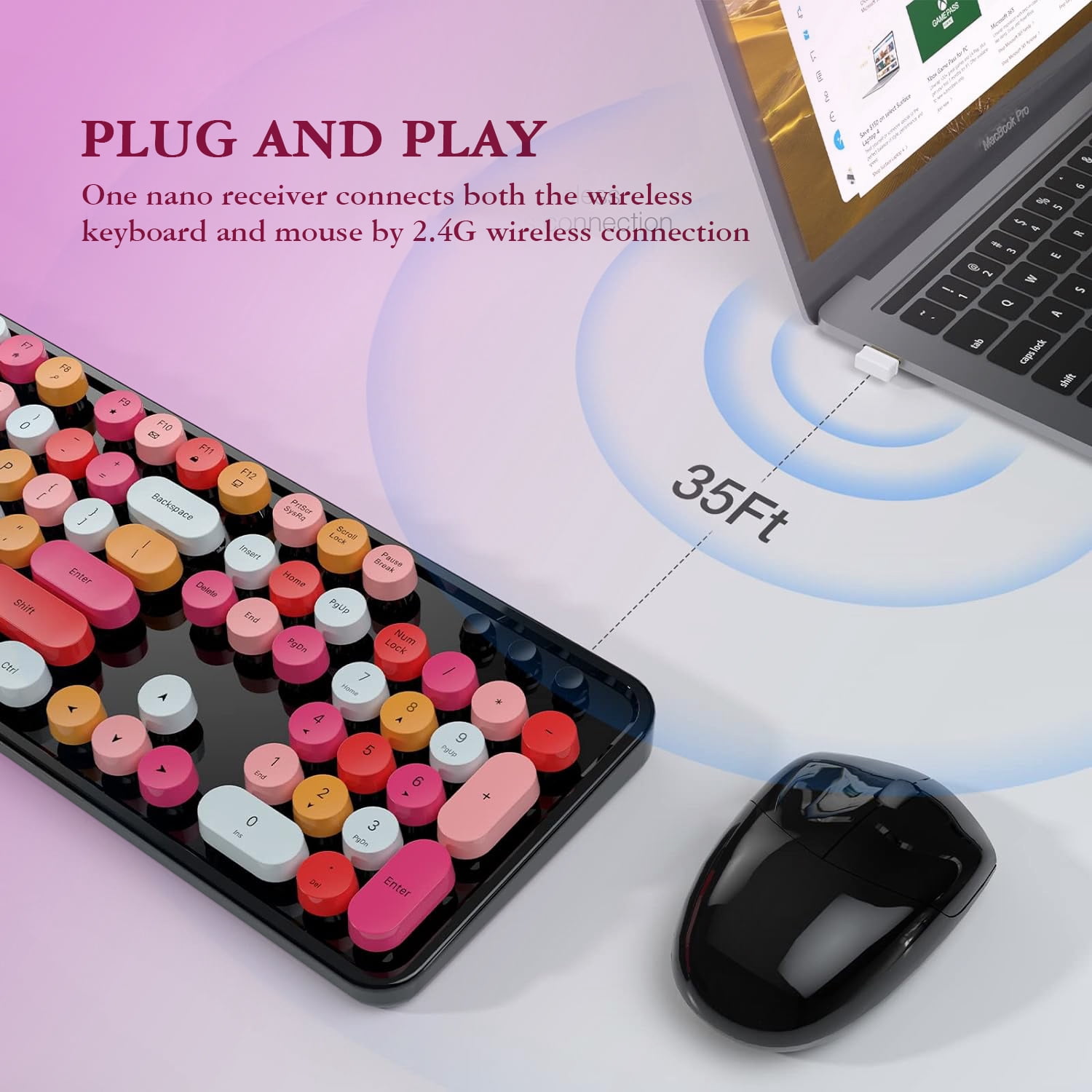 MOFII Wireless Keyboard and Mouse Combo, SWEET series, Retro Full-Size 2.4GHz Keyboard with Number Pad and Cute Wireless Mouse for PC Desktop Laptop (Black)
