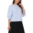 thumbnail image 4 of INSPIRE CHIC Women's Summer Button Down Cotton Puff Sleeve Crew Neck Casual Blouse Top XS Blue, 4 of 6