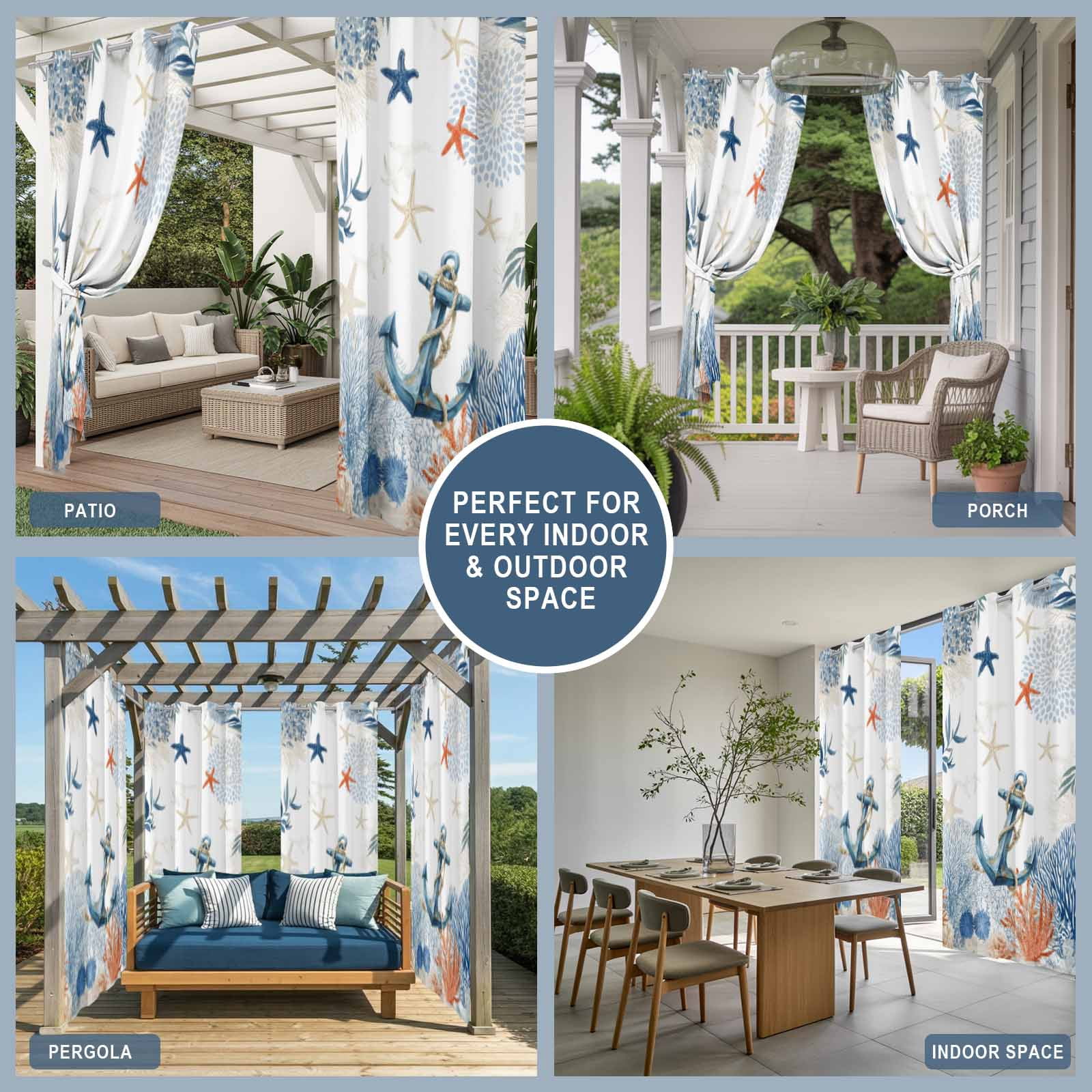 Ocean Anchors Outdoor Curtains for Patio, Orange Blue Summer Sea Corals Shells Starfish Sunshade Privacy Drapes Grommet Waterproof Outside Curtains for Porch/Cabana/Balcony 54"x 108", 1 Panel