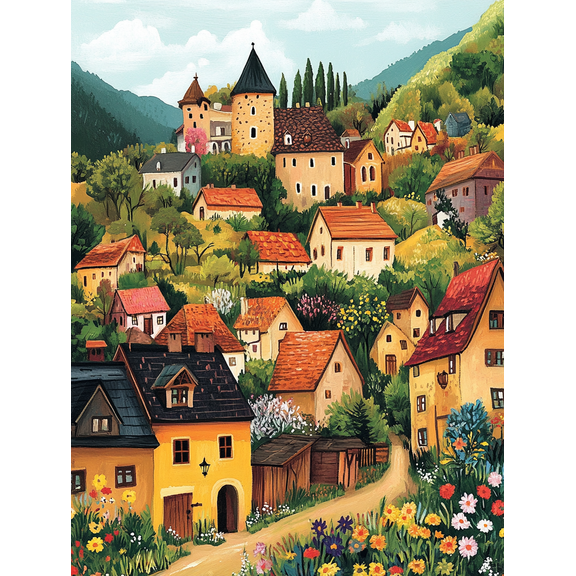 European Village Landscape Canvas Print/Wall Art, Suitable for Living Room,Dining Room,and Hallway Decoration.