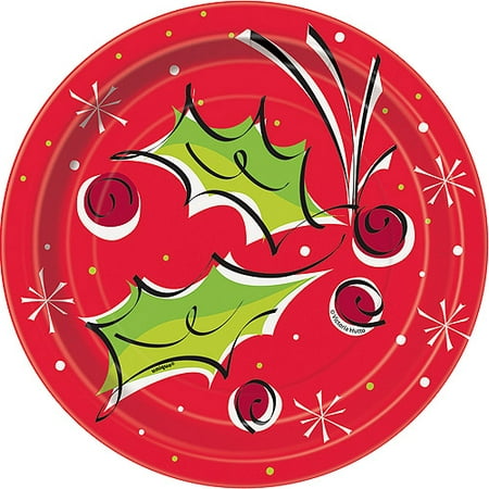 Unique Holly Berry Pop Christmas 7" Dessert Plates, Red White Green, 12 CT