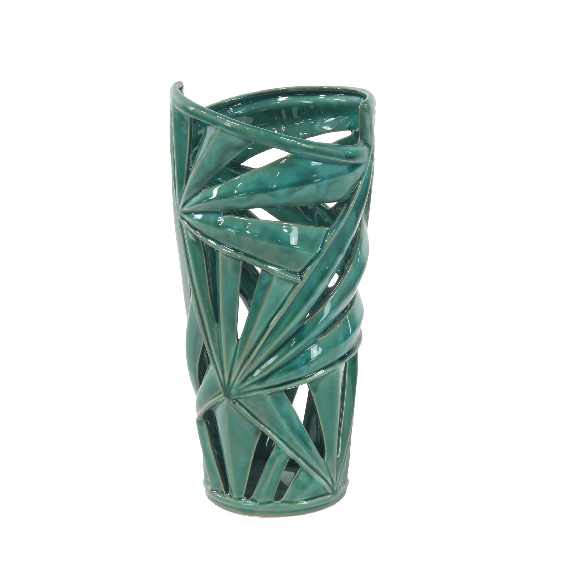 CosmoLiving by Cosmopolitan 16" Leaf Green Ceramic Vase with Cut Out Deign