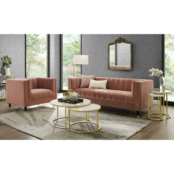 Nicole Miller Janie Velvet Club Chair Channel Tufted Nailhead Trim, Blush/Gold