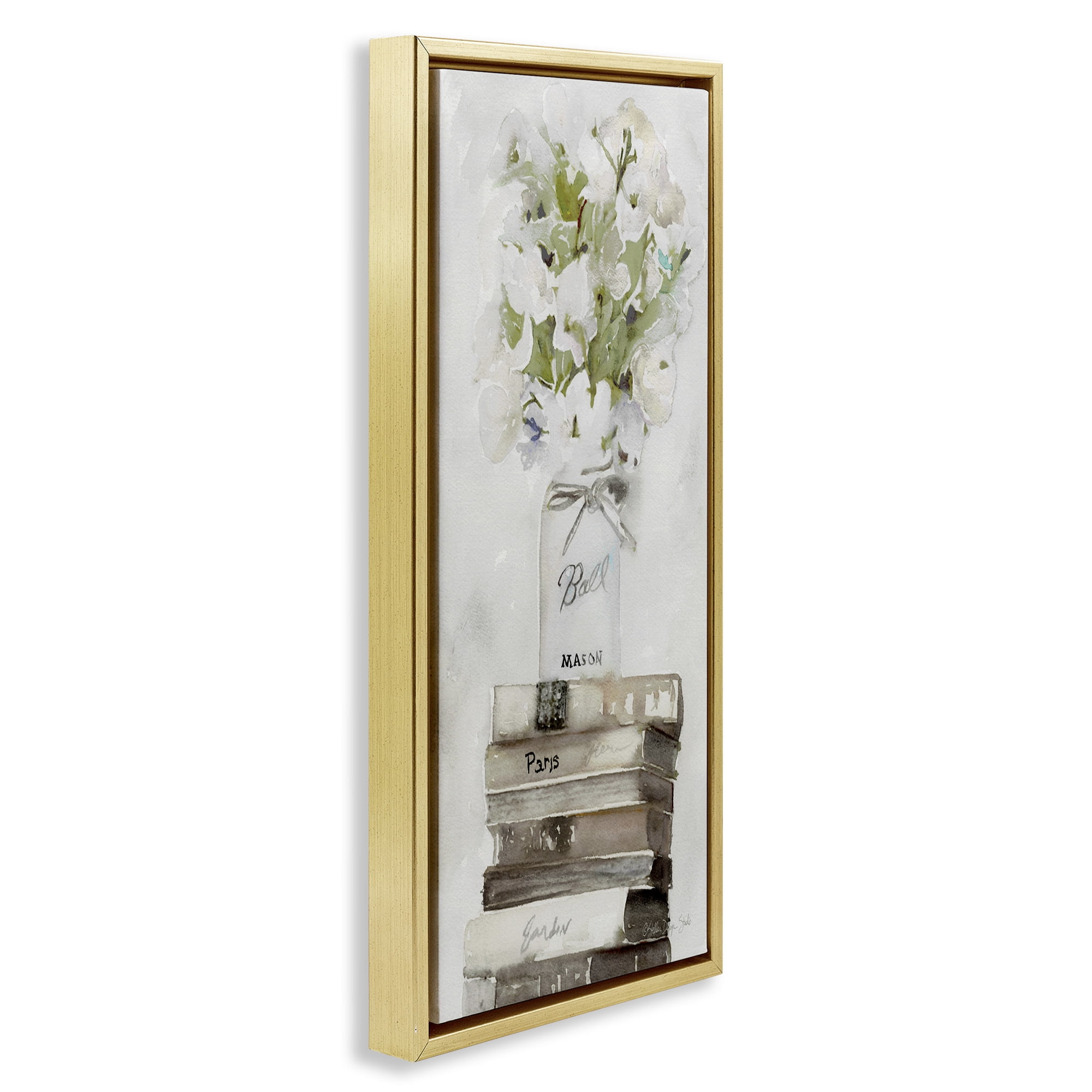 Stupell Industries White Florals on Distressed Books Botanical & Floral Painting Gold Floater Framed Canvas Art Print Wall Art, 15 x 31