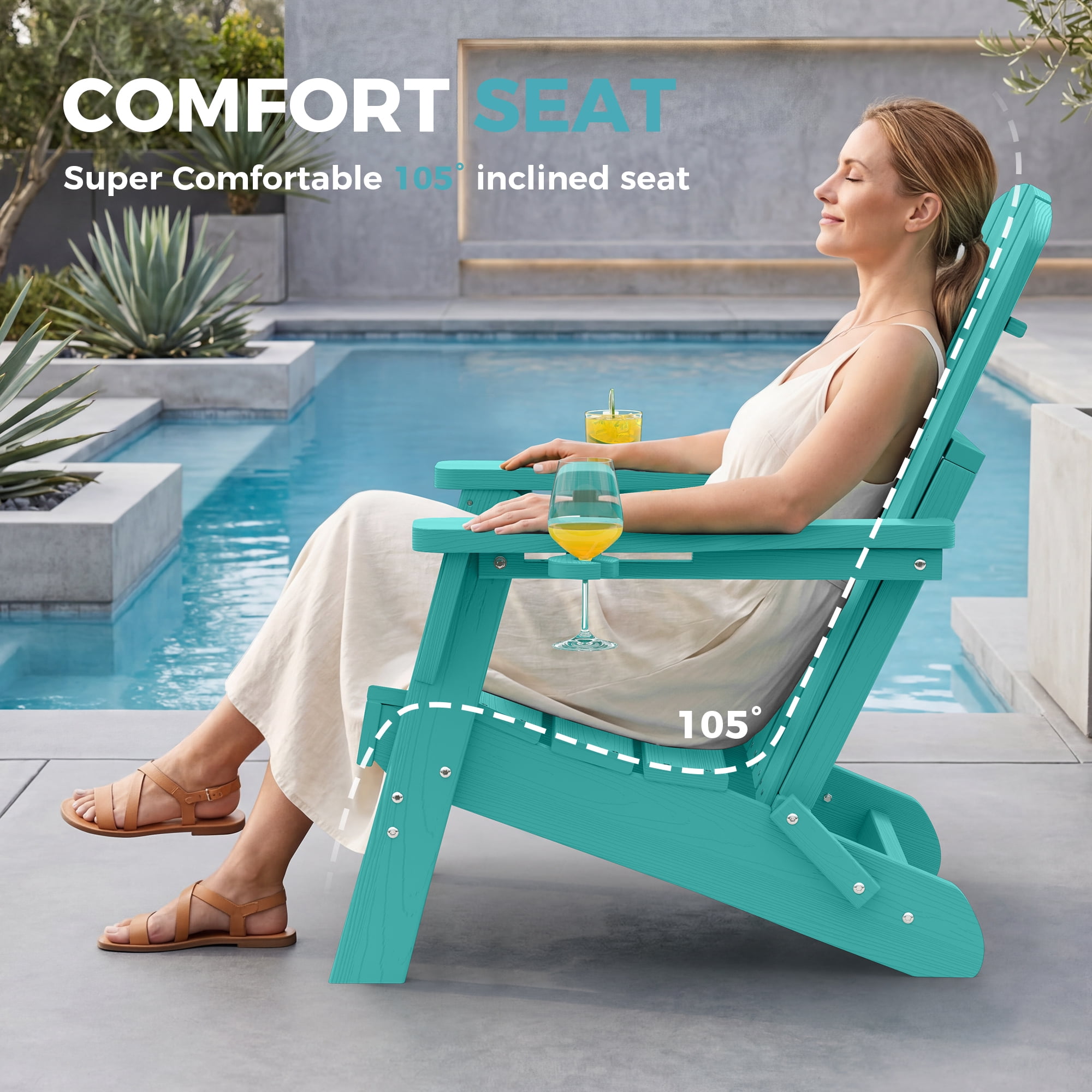 Adirondack Chair Set of 4, Outdoor Folding All-Weather HDPE Adirondack Chairs with 2 Cup Holders for Patio, Aqua