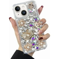 Compatible with iPhone 14 Case Cute Bling Glitter for Women Girls 3D Rhinestone Dimaond Crystal Girly Handmade Flower Gem Fashion Luxury Shiny Sparkle Phone Case for iPhone 14
