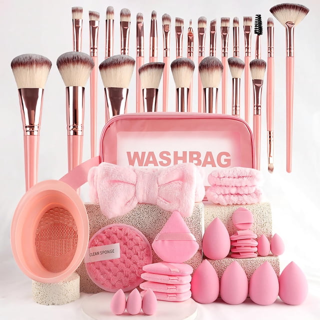 51 Piezas Set de Brochas de Maquillaje Profesional Completo, Juego de brocha para base de maquillaje para Maquillar Ojos Mejillas y Rostro | Ideal para Uso Diario, Maquillistas Expertas y Regalo (Rosa