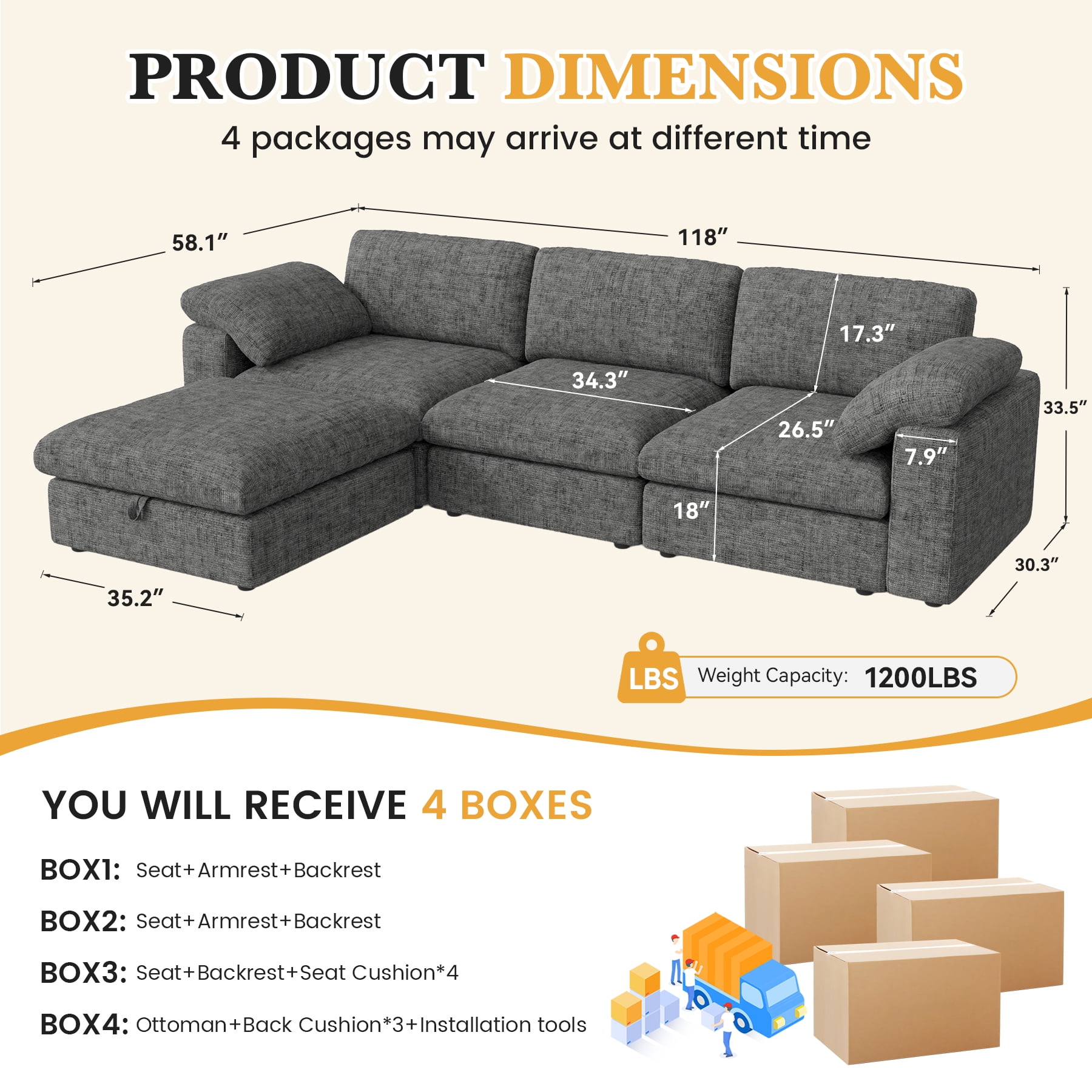 MOONMISS 118" Oversized Modular Sectional Sofa, L Shaped 3 Seaters with Storage Ottoman Cloud Couch Sofa Set, Modern Convertible Chenille Deep Seat Sectional Couches for Living Room,Gray