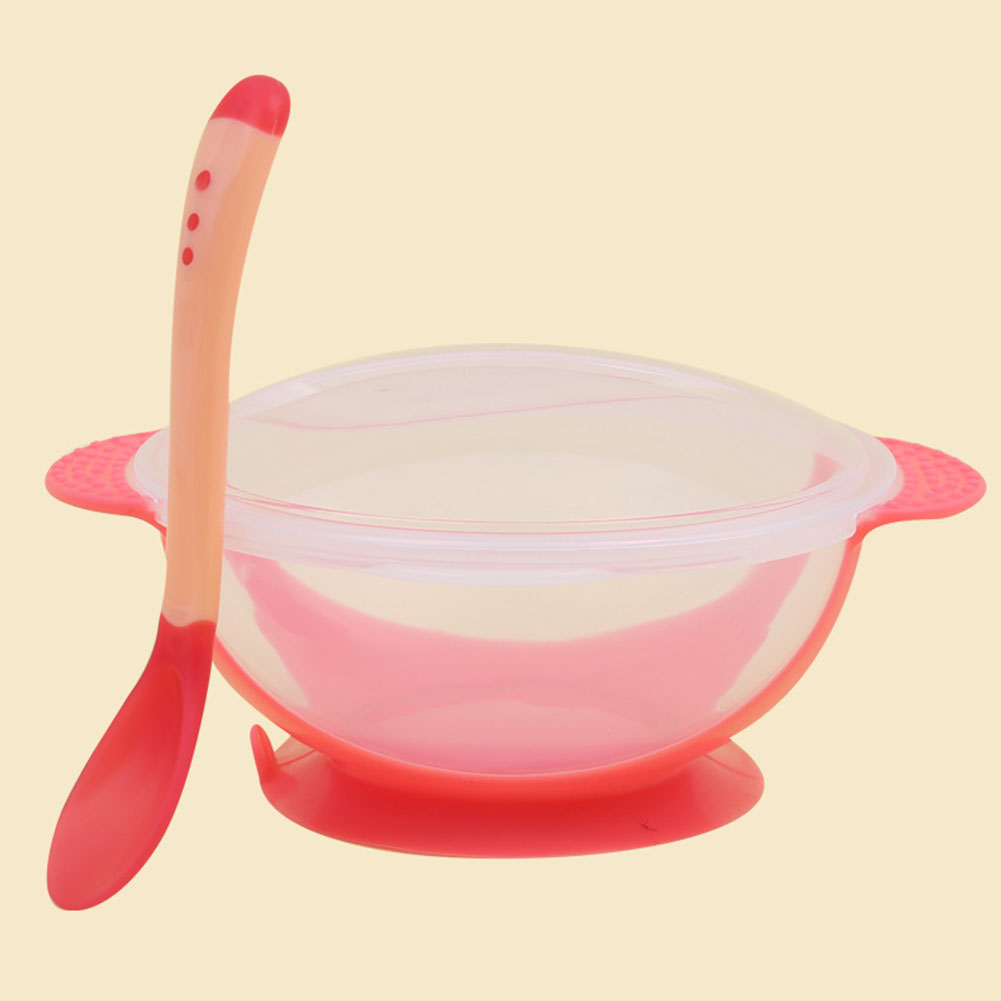 Baby Sucker Bowl with Temperature-sensitive Spoon Set Kids Feeding