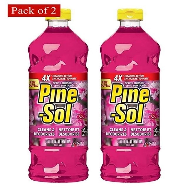 Pine-Sol Multi-Surface Cleaner Spring Blossom 1,4 L, Lot de 2. Deux Bouteilles Roses avec Capuchons Jaunes, Présentant le logo Pine-Sol et l'Étiquette de Parfum Spring Blossom. Conçues pour Nettoyer et Désodoriser les surfaces Dures, Non Poreuses comme les Planchers, les Comptoirs et les Éviers. Convenant à l'Utilisation dans les Cuisines, les Salles de Bain et les garages.