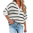 thumbnail image 2 of Zedker Womens Striped Sweaters Soft Lightweight Long Sleeve V Neck Button Front Knit Tops,Plus Size White XXL, 2 of 6