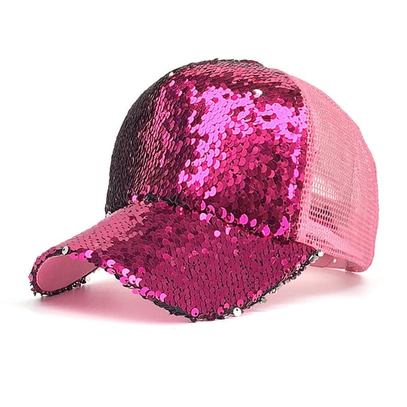 Women's Glitter Sequins Baseball Cap Mesh Back Trucker Hat Adjustable Snapback Sparkly Sun Hat for Carnival, Party, and Outdoor Wear,Hot Pink