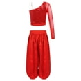 thumbnail image 2 of Haitryli Kids Girls Belly Jazz Dance Outfits Asymmetrical Shoulder Crop Top with Wide-Leg Bloomers Trousers Set Red 6, 2 of 5