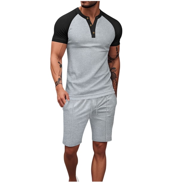 Pantalones de los Hombres Cintura Elástica, Color Casual Bloqueado, Manga Corta Cuello Redondo Bolsillo Shorts Conjunto