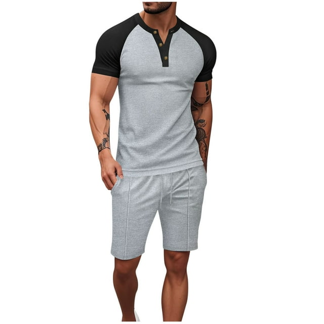Pantalones de los Hombres Cintura Elástica, Color Casual Bloqueado, Manga Corta Cuello Redondo Bolsillo Shorts Conjunto