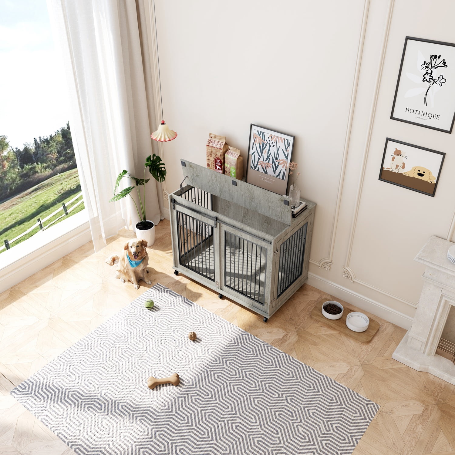 Mulinsonfly 47" Wooden Dog Crate Furniture with Sliding Barn Door, Flip-Top Lid, Lockable Wheels & Removable Divider, Indoor Dog Kennel Table for Small, Medium, Large Breeds