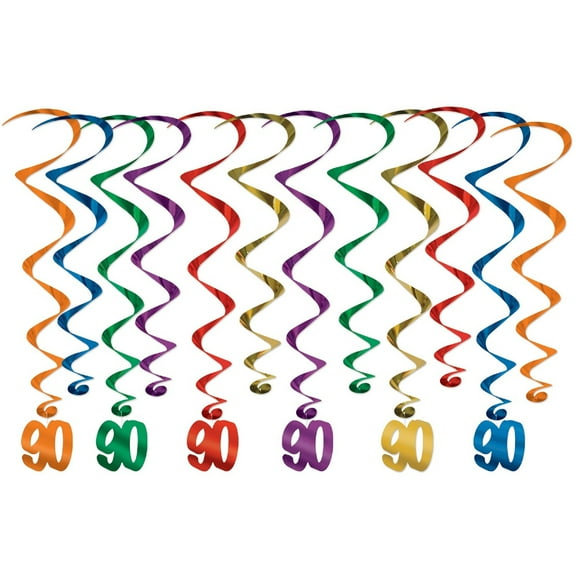 Beistle Pack of 6 Multicolor Assorted Colors “90” Birthday Whirls 32”