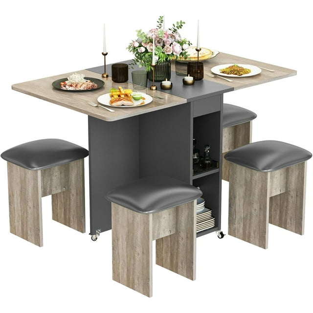 Recaceik 5PCS Folding Dining Table Set for 4, Kitchen Dinner Table with 4 Leather Chairs and Shelves, Space Saving Foldable Dining Table with 6 Wheel, Kitchen Table Set for Small Spaces, Grey