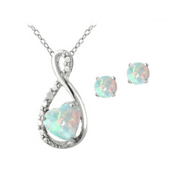 Sterling Silver Created Opal & Diamond Accent Infinity Heart Pendant and Stud Earrings Set