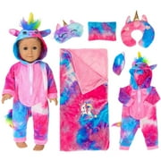 Doingart Doll Clothes for 18 inch Dolls and Doll Sleeping Bag Set, Tie-Dyed Unicorn Doll Costume with Accessories Fits American 18 Inch Girl Doll, Christmas Toys Gifts for Girls, 6pcs