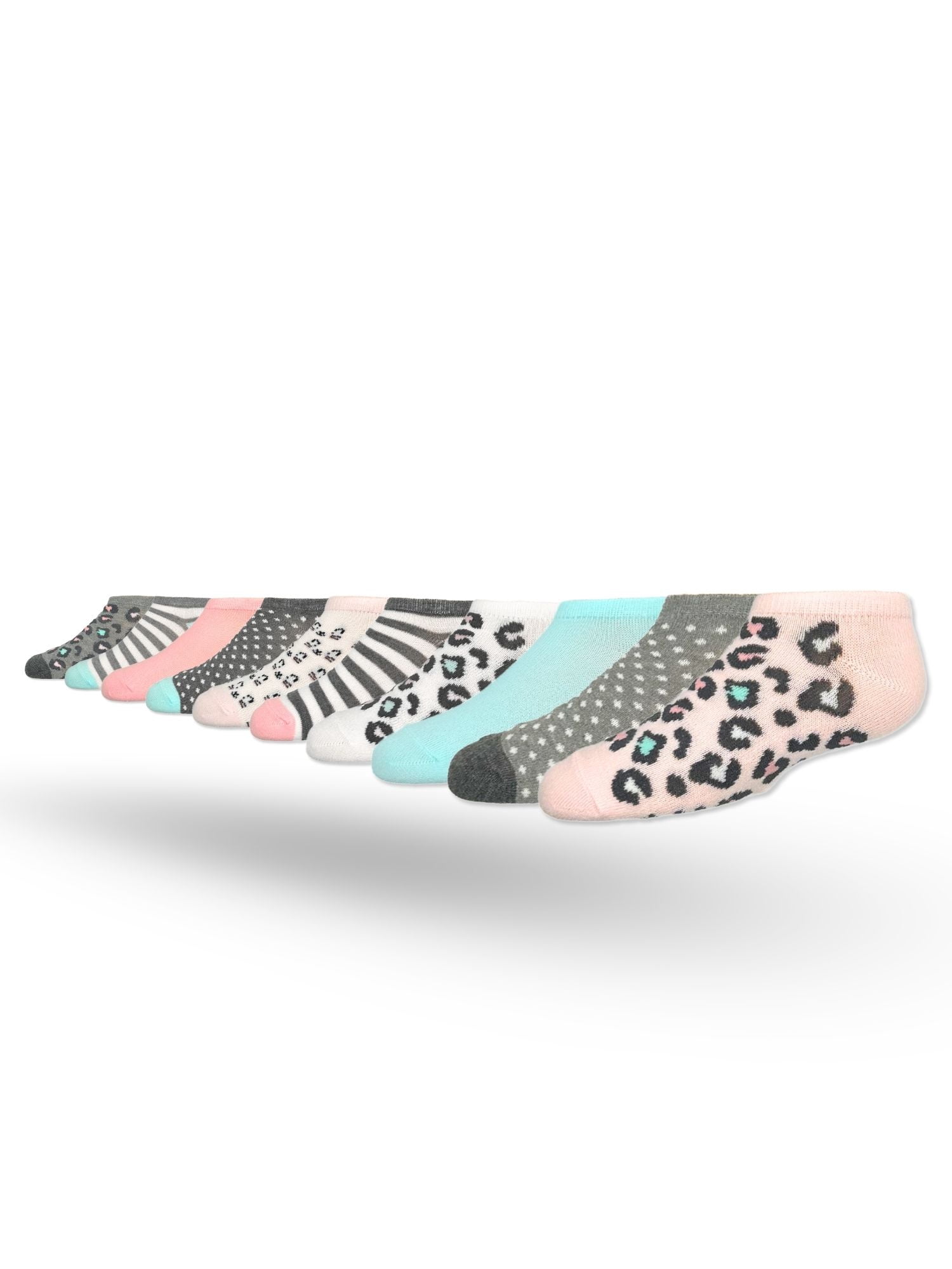 Wonder Nation Girls Leopard No-Show Socks, 10-Pack, Sizes S-L