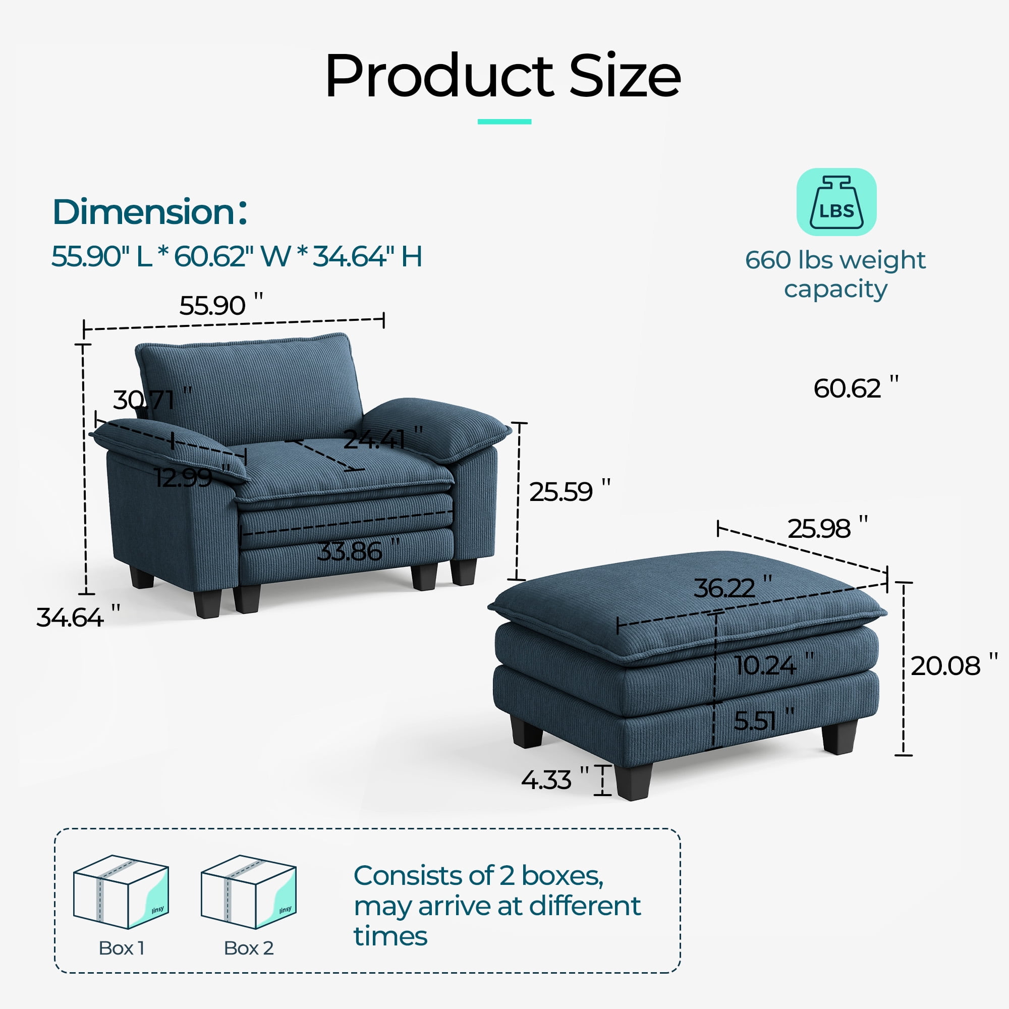 Linsy Home 90" Loveseat Sofa Couch, Oversized Corduroy Cloud Sofa for Living Room, Apartment, Office, Blue