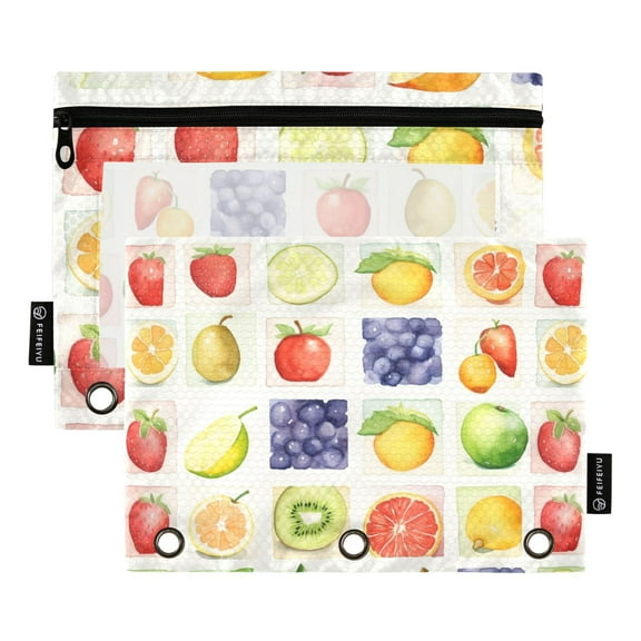Orange Strawberry Grape Peer 2 Pack Pencil Pouch for 3 Ring Binder Smooth Zipper Folders with Pockets Clear Window Pencil Case