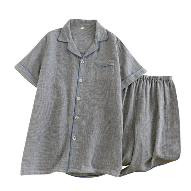 Pijama de verano para hombre, de color liso, de gasa fina, de manga corta, con cárdigan de solapa, ropa de casa, informal, conjunto de pijama para hombre
