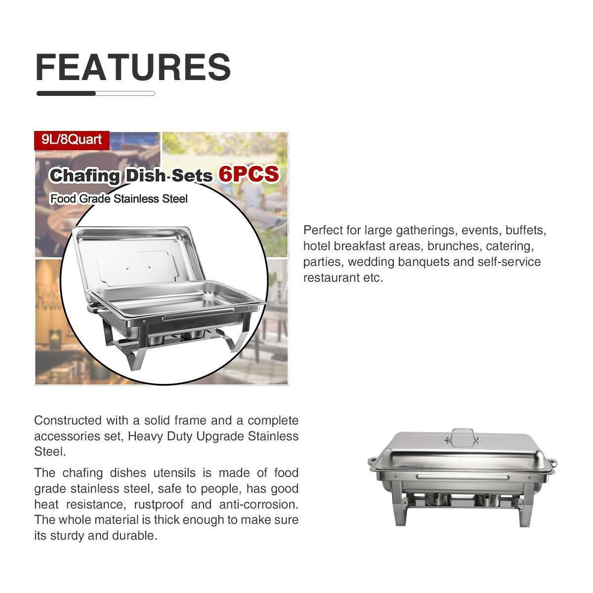 9L/8Q 6Pack Chafer Chafing Dish Sets Pans Stainless Steel Food Warmer Full Size